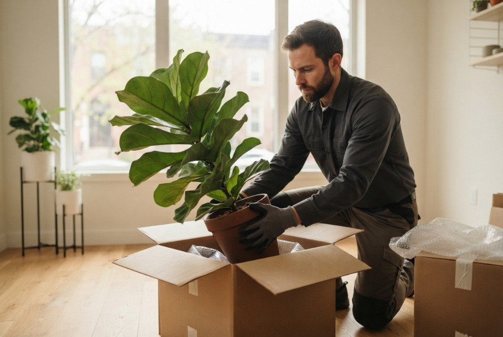 Mover carefully packing a plant into a box with protective wrap