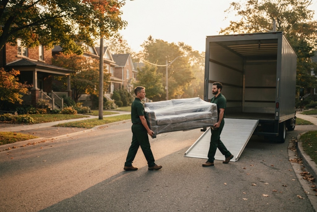 Rapid Movers crew carefully carrying wrapped sofa to moving truck